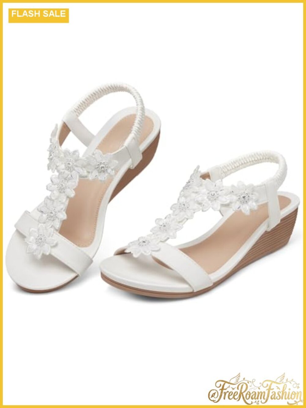 Wedge Sandals with Arch Support & Rhinestone Floral T-Strap